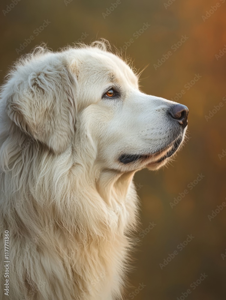 Golden Retriever Portrait: A majestic white Golden Retriever gazes intently into the distance, its soft fur gleaming in the warm golden light of a sunset. Golden Retriever Portrait: A majestic white Golden Retriever gazes intently into the distance, its soft fur gleaming in the warm golden light of a sunset.
