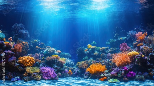 Fototapeta Naklejka Na Ścianę i Meble -  Vibrant coral reef with sunbeams in blue ocean.
