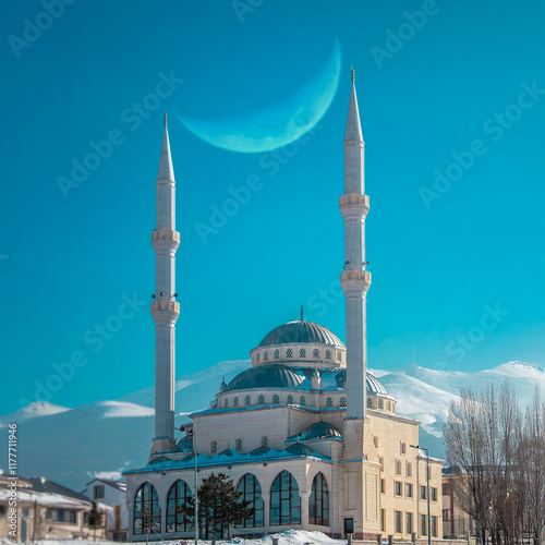 Ramadan or Islamic background photo: Alkazan Mosque with crescent moon