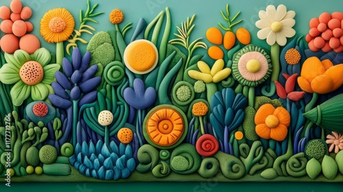 Vibrant, colorful flower garden made from playful clay designs.