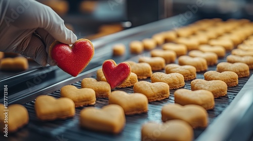 Production of Heart love shape cookie at the modern factory
