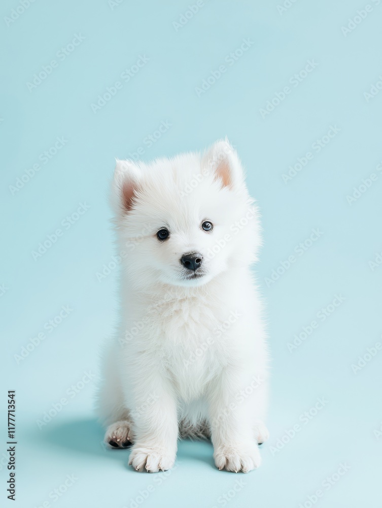 Sweetest Puppy Eyes: A fluffy white puppy with big, soulful eyes sits patiently on a pastel blue background, captivating viewers with its innocent gaze and irresistible cuteness. Sweetest Puppy Eyes: A fluffy white puppy with big, soulful eyes sits patiently on a pastel blue background, captivating viewers with its innocent gaze and irresistible cuteness.