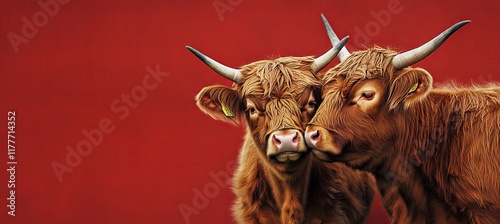 two scottish highland cow kissing banner for valentine day photo