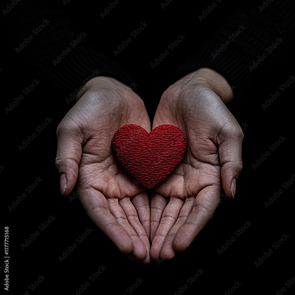 Hands Holding Heart Shape Red Object on Black Background Hands Holding Heart Shape Red Object on Black Background