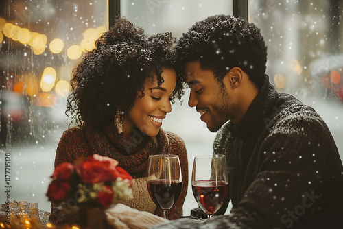 Romantic African American couple enjoying romantic dinner, with a set of red wine glasses and fresh flowers on the table. Snow falling outside. Valentine's Day.