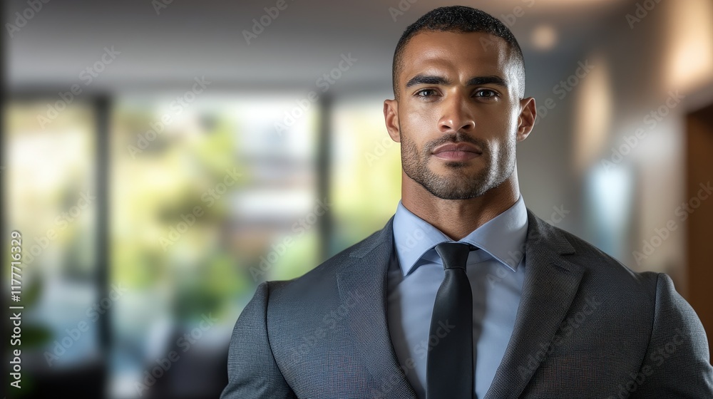 Confident Businessman in Stylish Suit Posing in Modern Office Confident Businessman in Stylish Suit Posing in Modern Office