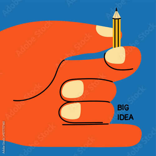 Big idea concept illustration. Giant hands with tiny pencil. Communication, mailing, chatting, social media addiction concept. Hand drawn trendy Vector illustration in cartoon style.