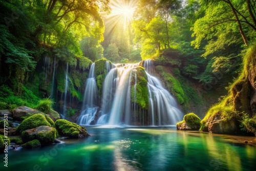 Serene Overflowing Waterfall in Lush Green Forest Landscape