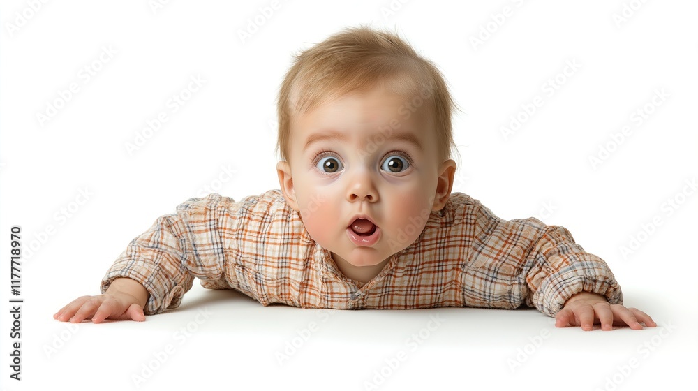 Curious baby exploring the world with wide eyes on a bright white background Curious baby exploring the world with wide eyes on a bright white background