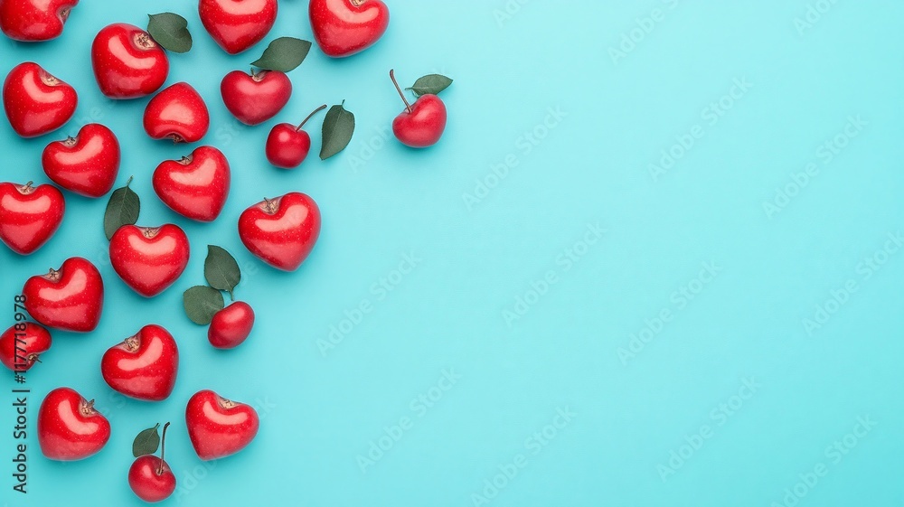 A Bright red heart shapes scattered on turquoise background create cheerful and romantic atmosphere A Bright red heart shapes scattered on turquoise background create cheerful and romantic atmosphere