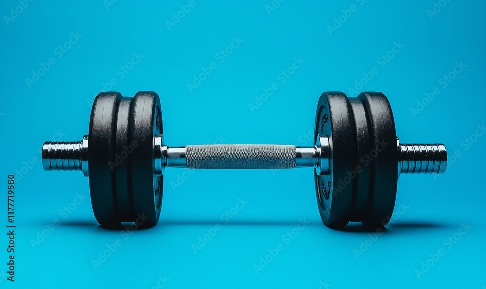 Fototapeta premium Black dumbbells on a blue background