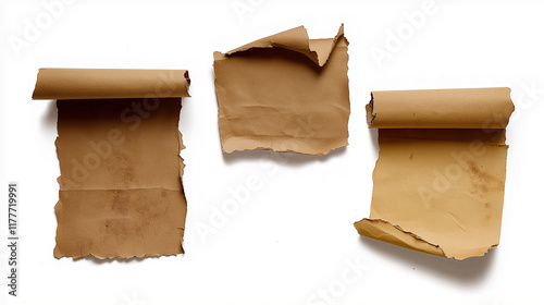 Rolled and folded pieces of old paper on white background