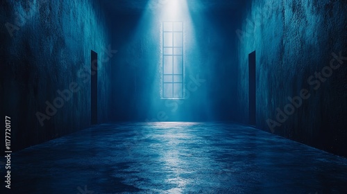 A dark room with a window and two doors