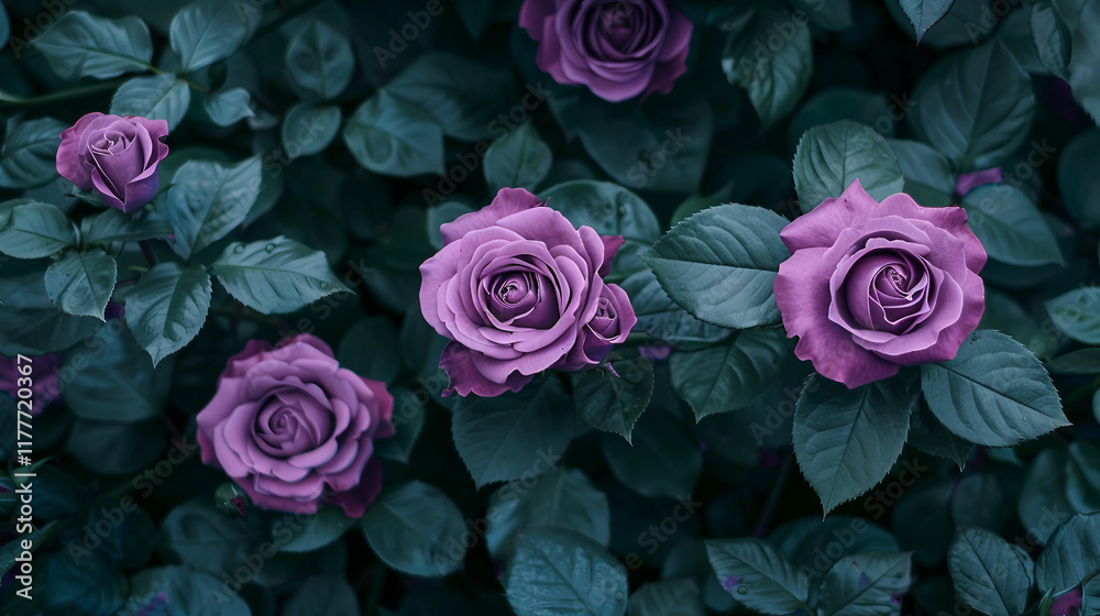 Top-Down Shot of Violet Roses with Fresh Green Leaves at the End of Every Title Top-Down Shot of Violet Roses with Fresh Green Leaves at the End of Every Title