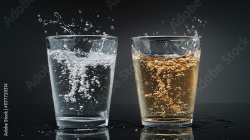 Bubbles and splashes captured in glasses of clear water and a carbonated drink against a dark background photo