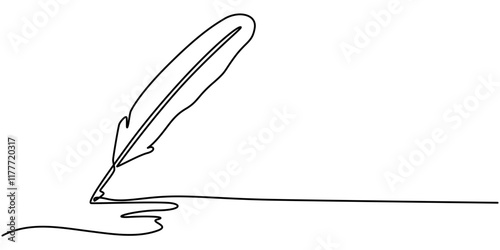 Continuous one simple single abstract line drawing of vintage fountain pen with inkwell icon in silhouette on a white background. Linear stylized, Continuous one simple single abstract line drawing.