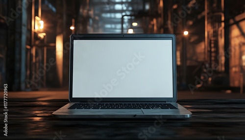 Wallpaper Mural Laptop with Empty Screen on Dark Wooden Surface and Industrial Background Torontodigital.ca