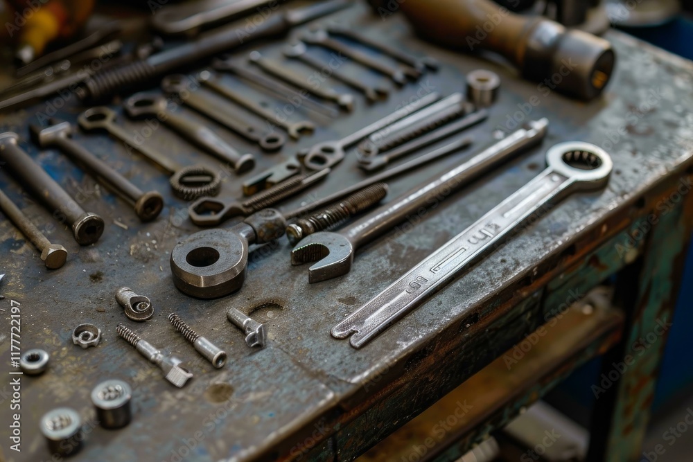 Variety of tools laying on workbench in workshop, mechanic preparing for work Variety of tools laying on workbench in workshop, mechanic preparing for work