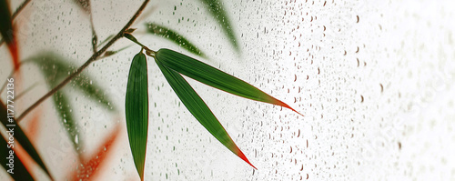 Bamboo leaves with red tips on rainy window
