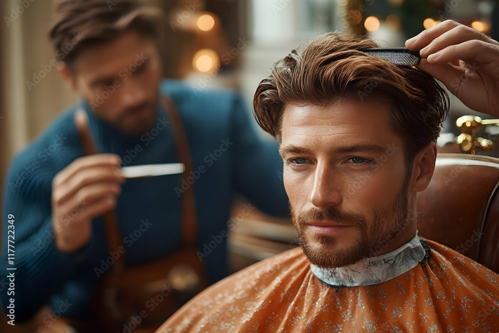 A man getting a haircut at a traditional barbershop. A man getting a haircut at a traditional barbershop.