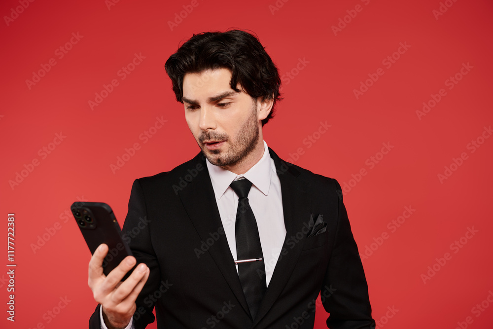 Young man in suit checks phone against striking red backdrop Young man in suit checks phone against striking red backdrop