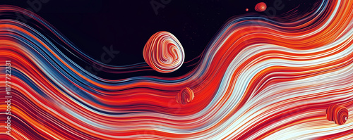 Colorful abstract waves flowing in digital space with planets