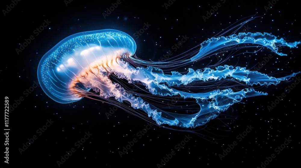 Fototapeta premium Glowing jellyfish in deep sea, illuminated by starry night sky.