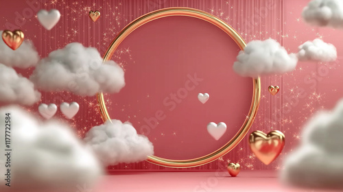 Golden round frame floating with white and gold hearts and clouds on pink bac...