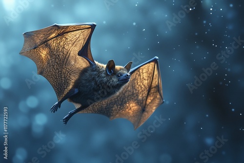 Bat in flight, night forest background, wildlife, nature, educational photo