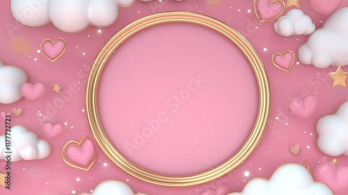 Golden round frame floating on pink background with clouds and hearts