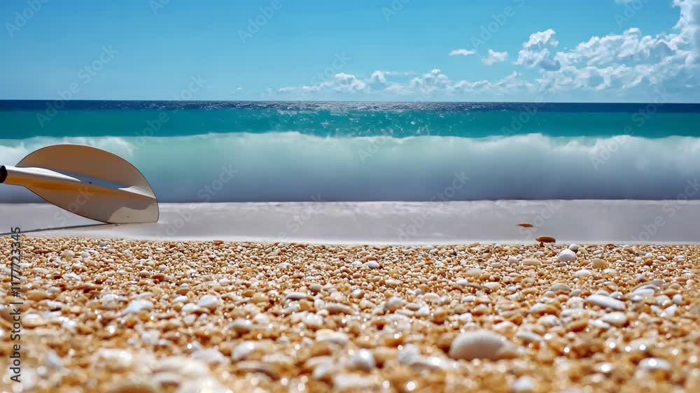 Discover a peaceful beach where gentle waves lap against the shore as a paddler enjoys a sunny afternoon on the water