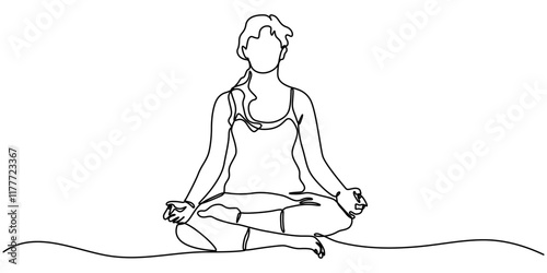 Woman sitting in lotus pose yoga. Continuous one line drawing, Young girl gymnast. Woman doing yoga exercise continuous line vector illustration, Hand drawn headstand yoga girl, one line art, stylized