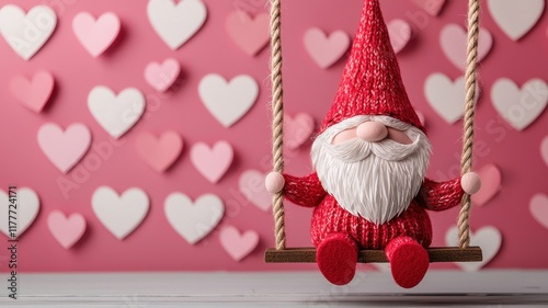 Valentine gnome love concept. Festive gnome on a swing against a backdrop of hearts.