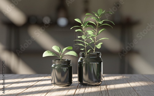 Growth and Prosperity, Two small plants in black glass jars on a wooden table. photo