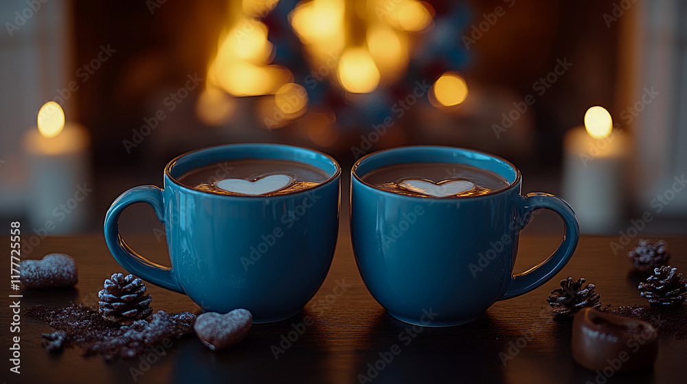 Cozy Winter Evening: Two Mugs of Hot Chocolate with Heart Designs, Candles, and Pine Cones by a Fireplace Cozy Winter Evening: Two Mugs of Hot Chocolate with Heart Designs, Candles, and Pine Cones by a Fireplace