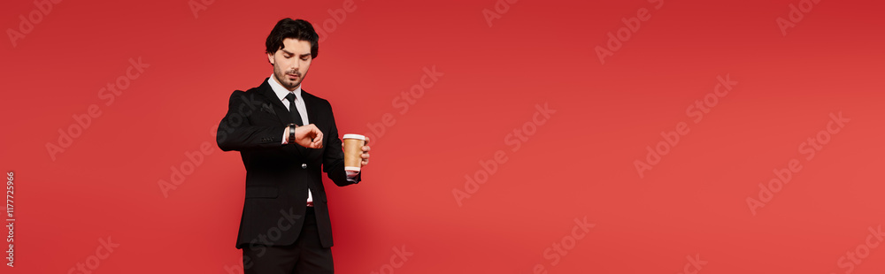 Young handsome man checks watch while holding coffee cup against bold red backdrop Young handsome man checks watch while holding coffee cup against bold red backdrop