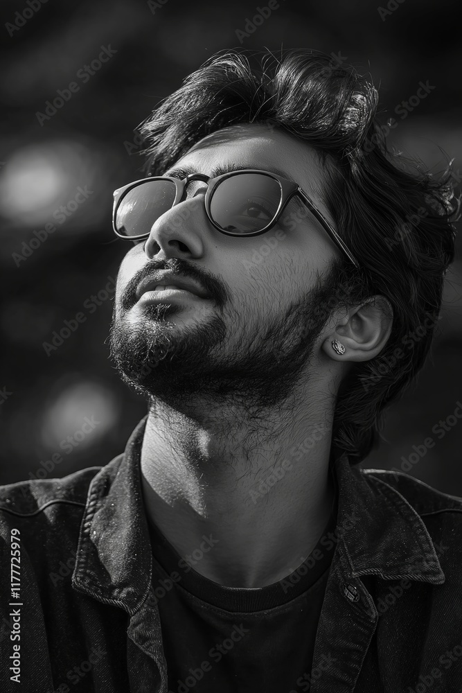 Obraz premium A thoughtful man in sunglasses gazes upwards, reflecting on life amidst the beauty of nature.