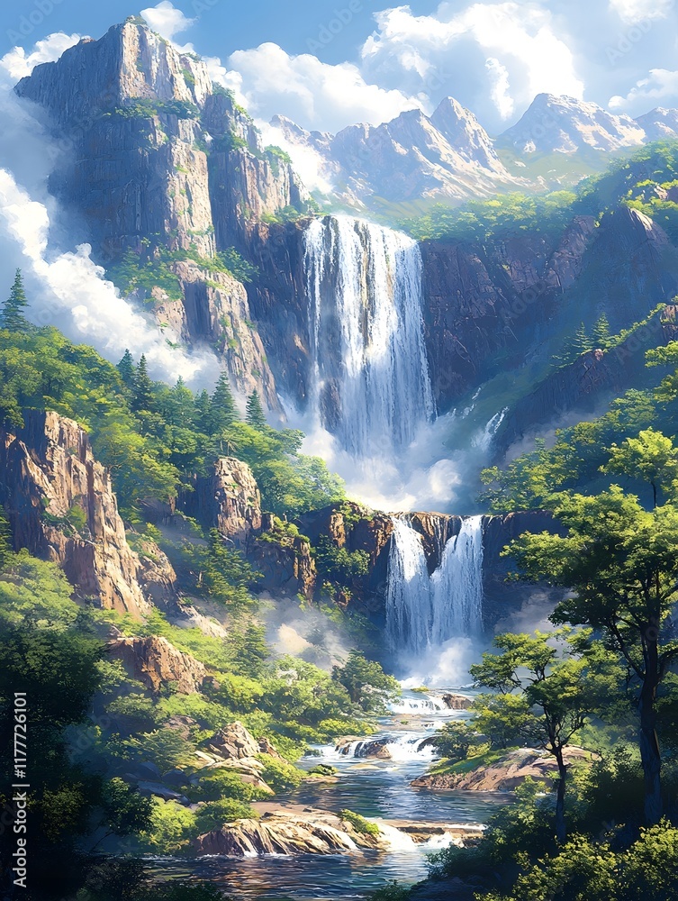 Fototapeta premium Majestic Waterfall Cascading Down Verdant Mountain Range Under Dramatic Cloudy Sky