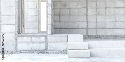 Unfinished walls with aerated white concrete blocks on construction site. Construction of houses from modern materials, aerated concrete bricks photo