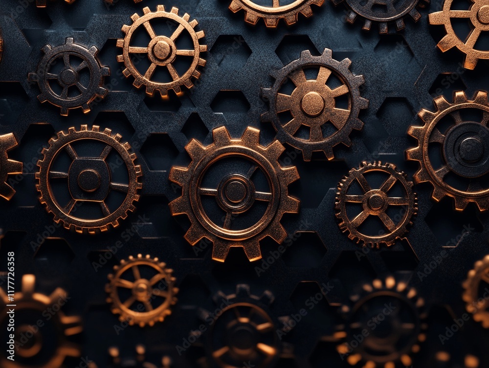 An Intricate arrangement of metallic gears on dark background, showcasing industrial design An Intricate arrangement of metallic gears on dark background, showcasing industrial design