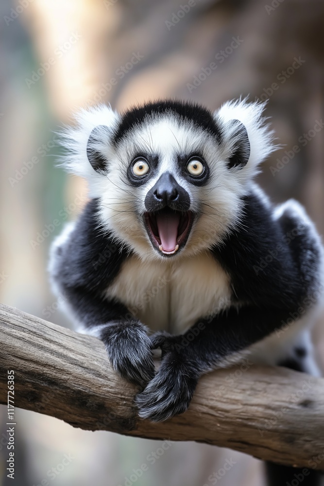 Obraz premium A striking black and white lemur showcasing its joyful emotion while perched on a tree branch.