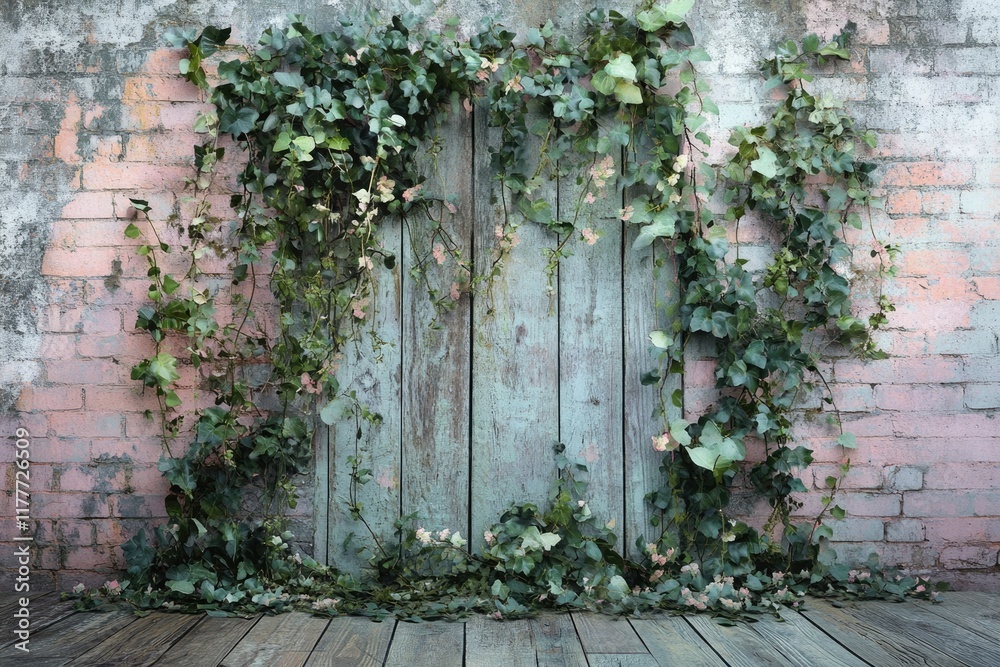 Ivy and flowers cascading over a rustic, weathered wooden fence against a pink brick wall. Ivy and flowers cascading over a rustic, weathered wooden fence against a pink brick wall.