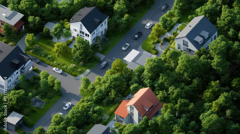 Bird's-eye view of a neighborhood with visible car icons and coverage areas, community protection concept, Bird's-eye view of a neighborhood with visible car icons and coverage areas, community protection concept,