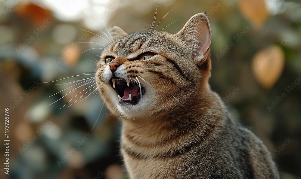 Obraz premium Angry tabby cat outdoors, fall leaves background, pet portrait