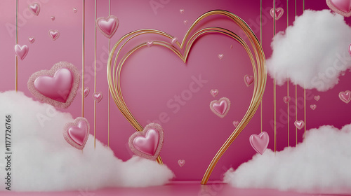 Pink hearts hanging and floating around golden heart arch on valentine's day