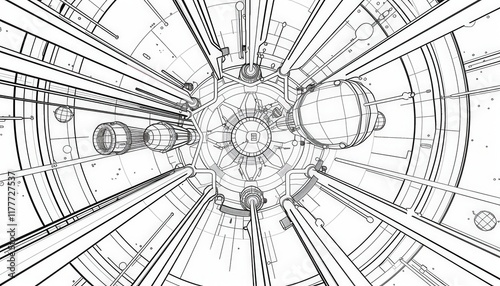 Fototapeta Naklejka Na Ścianę i Meble -  Intricate line art of a futuristic tunnel or spaceship interior. Ideal for sci-fi backgrounds, blueprints, or concept art.