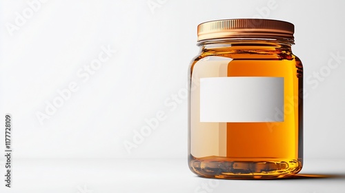 Amber liquid in glass jar, blank label, white background, product packaging photo