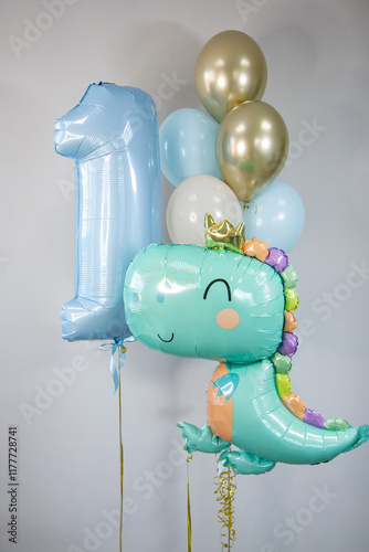 set of balloons for 1 year old, blue foil number one, latex helium balloons