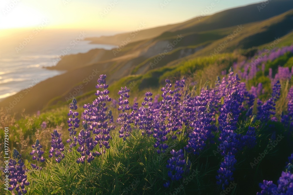 Obraz premium Vibrant purple lupines bloom at sunset, overlooking a dramatic coastline.