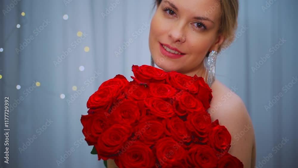 Cropped smiling face lips close-up happy woman hand holding big bouquet of red roses inhaling aroma petals rose flower. sexy girl enjoying love bunch flowers gift top view. Valentine's Day holiday.